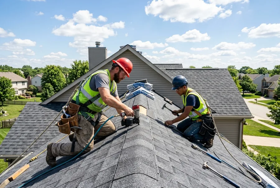 Roof & Nail roofing crew installing architectural shingles in Horn Lake